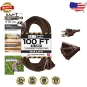 100 Ft Brown Outdoor Extension Cord with 3 Weatherproof Outlets for Appliances