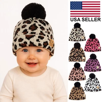 C.C Baby Infant Winter Leopard Knit Warm Soft Pom Pom Beanie Skull Hat