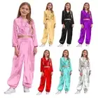 Kids Girls Metallic Hip Hop Jazz Dance Outfit Zipper Jacket with Shiny Pants Set