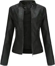 [Binejolir] Women's leather jacket slim spring and autumn jacket ladies motorcycle suit large size stand collar leather jacket