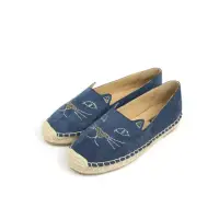 在飛比找momo購物網優惠-【viina】絨布貓咪電繡燙鑽草編鞋 - 藍灰(休閒鞋)