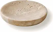 PHINILUX Round Travertine Tray for Jewelry, Marble Trinket Dish Tray, Nightstand Decor, Coaster, Soap Dish,Sponge Holder for Bathroom, Beige