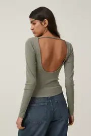 Cotton:On Women's Romy Boat Neck Backless Long Sleeve Top Woodland Green 2XS NEW