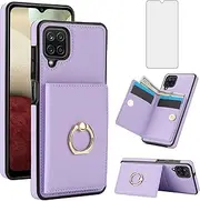 [Asuwish] Phone Case for Samsung Galaxy A12/M12 Cover with Tempered Glass Screen Protector and RFID Card Holder Slot Kickstand Ring Cell Accessories Wallet A 12 5G A-12 S12 12A 4G Women Men Purple