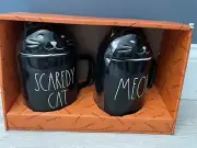 *Rae Dunn Halloween SCAREDY CAT and MEOW Mug Set With Lids New