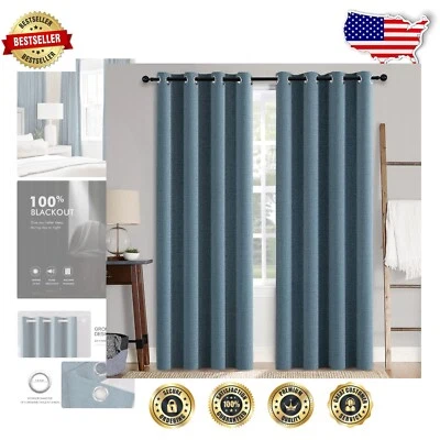 Room Darkening Faux Linen Curtains in Dusty Blue, Energy Saving & Noise Reducing