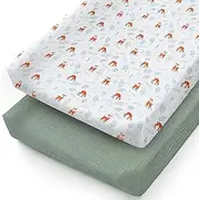 Kiwi Crib Muslin Changing Pad Cover 2-Pack - Soft Baby Diaper Changing Pad Covers - Woodland and Sage Green Changing Table Pad Cover for Baby Boy and Girl - Fitted and Stretchy to Fit Most Pads
