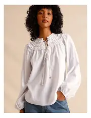 [Piper] Flutter Long Sleeve Ruffle Neck Blouse in White