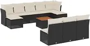 vidaxl Garden Sofa Set - 11 Piece Modular Outdoor Patio Seating Set with Cushions & Storage - Black Poly Rattan - Acacia Wood Table