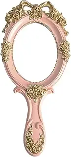 Nerien Vintage Style Rose Hand Held Mirror Princess Oval Vanity Mirror Pink