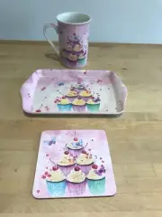 The Leonardo Collection Fine China Cup tray and coaster set cupcakes new no box