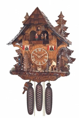 Cuckoo Clock Black Forest house with moving wood chopper and m.. EN 473/8 MT NEW