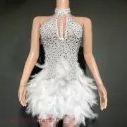 Rhinestones Pearls Halter Backless Short White Feathers Dress Birthday Dress