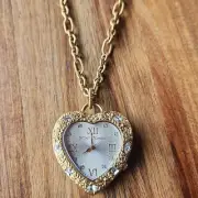 Betsey Johnson Heart Watch Necklace Gold Tone Crystal Accent Pendant