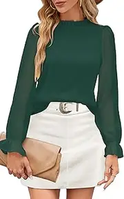 [Odosalii] Women's Ruffle Stand-Up Collar Tops Elegant Flounce Sleeve Blouse Casual Long Sleeve Blouses Shirt Tops