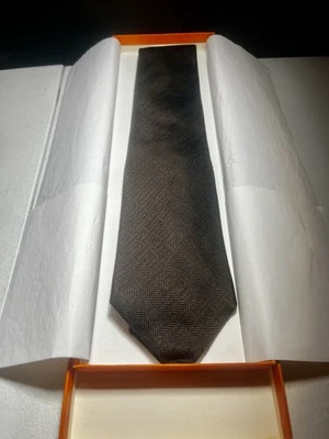 Vintage Hermes Men’s Tie Dark Brown With Subtle H Pattern Very Clean Box Incl.