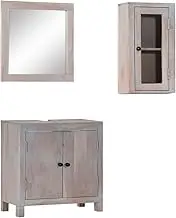 3 Piece Bathroom Furniture Set - Solid Wood Acacia, Includes Vanity & Wall Cabinet, Utility Mirror, Spacious Storage, Grey Finish, Durable & Stylish