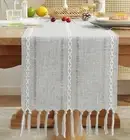 NEW Laolitou Rustic Table Runner with Tassels Cotton Linen Light Grey