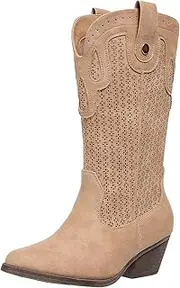 [Hamesk] Women Mid Calf Cowboy Boots Cowgirl Western Boot Pointed Toe Low Heel Casual Boots Girls Ladies Chunky Heeled Wide Calf Boots