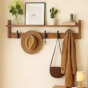Wacloud 2-in-1 Wall Coat Rack with Shelf – 29" Rustic Solid Wood Wall Hooks with 5 Hangers for Clothes, Hats, Towels, Purses, Robes – Entryway, Bathroom, Bedroom, Living Room Organizer, Brown