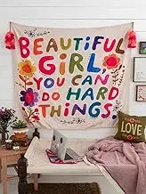 Colorful Beautiful Girl You Can Do Hard Things Flower Tapestry Funny Letter Printed Tapestry Wall Hanging Inspirational Dorm Decor for Living Room Bedroom(47.24 L* 39.37 W, White)