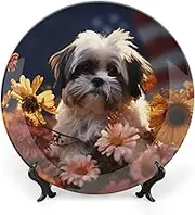 Shih Tzu Decorative Dog Plates Flower Dishes Ceramic Decorative Dishes for Display, Boho Style Dinner Plate with Display Stand, China Dish for Decoration