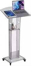TT-YED Acrylic Podium with Casters, Fashionable Professional Podium for Wedding Classroom, Multi-Purpose Church Acrylic Pulpit, Portable Podium Stand with Storage Rack and Stable Base,C
