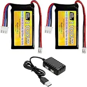 2PCS 7.4V Lipo Battery 2S 30C 1100mAh Rechargeable Battery with PH2.0 Plug for SCX24 Toy Car Compatible with Most RC Car Trucks in 1/10, 1/16, 1/18, 1/24 Ratios, with 1 Trailer 2 Chargers