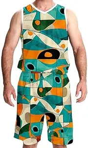 [KQNZT] Basketball Jerseys Shorts Sport Set, Basketball Jersey for Women, Men's Athletic Basketball Jersey, Modern Geometric Pattern Green Abstract Art