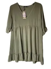 Boohoo Womens Size 12 Long Army Green Top Tunic Poly Blend Baby Doll NWT
