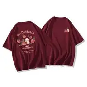 Short-Sleeve Round Neck Rabbit Strawberry Print Tee Wine Red - S