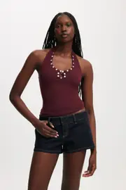 [Cotton On Women] Cotton On Women - Bailey Button Halter - Deep pomegranate 2XS DEEP POMEGRANATE