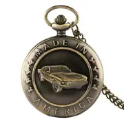 Antique Bronze Quartz Pocket Watch 3D Car Pattern Men's Pendant with Necklace