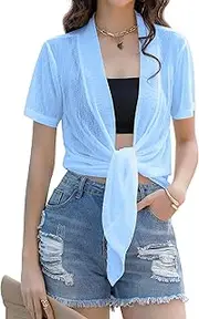 [iClosam] Women Sheer Shrug Tie Top Short Sleeve Summer Open Front Cardigans Plus Size Mesh Bolero Jacket Blue