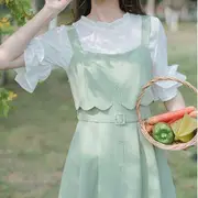 Sleeveless Square Neck Plain Button-Up Midi A-Line Dress / Short-Sleeve Frill Trim Blouse Dress - Green - L