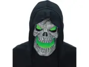 Flaming Green Skull Mask Hood Halloween Costume Skeleton LED Eyes Prop Animated