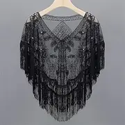 [HEYDHSDC] Women Black Female 1920S Sequined Shawl with Tassels Beaded Pearl Fringe Sheer Mesh Wraps Flapper Cape Cover Up