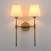 Buyee Vintage Double Sconce Wall Light Fixture 2-Lights Industrial Wall Sconce with Flared Funnel White Fabric Lamp Shade for Bedroom Living Room Dining Room (Matte Antique)
