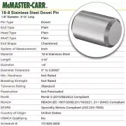 100X! NEW RADAX/McMaster-Carr DPS02X03MC/90145A876 1/8” X 3/16” SS DOWEL PINS