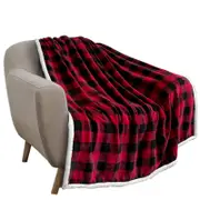 Catzon Christmas Printed Blanket Thickened Lamb Fleece Warm Nap Blanket-Red Black Plaid