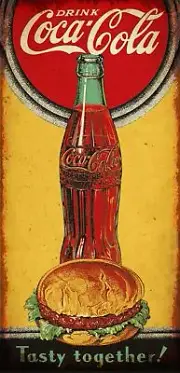 COCA COLA HAMBURGER COKE BOTTLE HEAVY DUTY USA MADE METAL SODA ADVERTISING SIGN