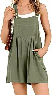 [KIKJDSERV] Womens Adjustable Strap Loose Bib Rompers,Casual Linen Overall Shorts,Sleeveless Button Short Jumpsuits with Pockets (Army Green, S), Army Green, Small