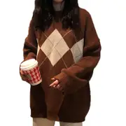 Nevenka Women Plaid Sweater Preppy Style Vintage Pullover-Camel