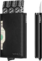 [VULKIT] Slim Pop up Wallet for Women Minimalist Credit Card Holder with Leather Slots Men's Bifold RFID Blocking Metal Wallets(Black)