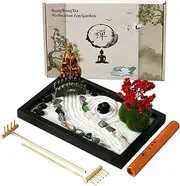 Mini Meditation Zen Garden Kit - Japanese Tabletop Rock Sand Chakra Buddha Zen Garden Home Office Desk Zen Decor Zen Gifts for Father Mother Birthday Gifts Sandbox w/ Rake Tool Accessories Bonsai