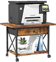 EasyCom 23.6" x 15.7" Extended Desktop Printer Stand with Storage Drawer, 2-Tier Under Desk Shelf Rolling Cart with Wheels, Large Printer Table for Home Office Fits 3D Printer Scanner Rustic Brown