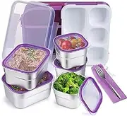 DaCool Stainless Steel Kids Bento Lunch Box Leak Proof BPA-Free School Lunch Container 5-Compartment with Lunch Bag and Fork for Toddler Child Adult, Food Snack Container for Picnic Outdoors, Purple