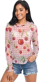[RPLIFE] Cute Cherries Pink White Plaids Long Sleeve Mesh Top, Sexy Mesh Tops for Women S-XXL