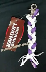 Leather Key Chain Whip for Motorcycle White & Purple Braided Chrome Plated Clasp