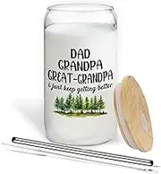 BEHIFL Grandpa Announcement Gifts Glass Cup with Lids and Straws 14oz, Pregnancy Announcement for Dad Great-Grandpa Glass Coffee Tumbler Drinking Jars with Cleaning Brush